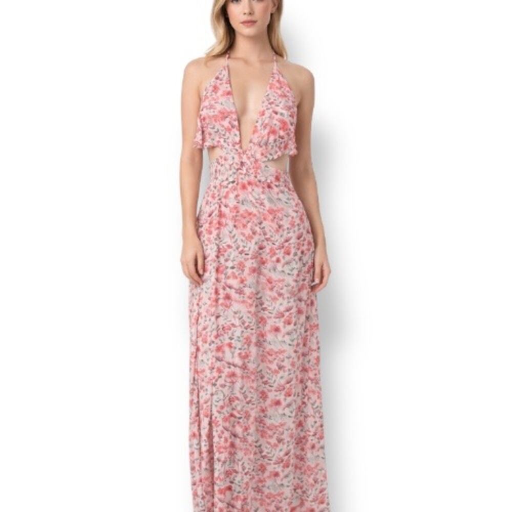 Shein Pink Floral Halter Maxi Dress XS Criss Cross Cutout Open Back Flowy Summer